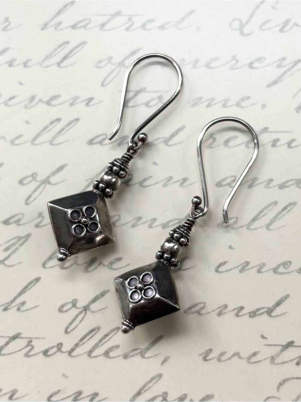 Sterling Silver Bali Bead Geometric Drop Earrings